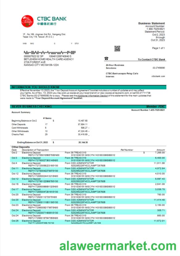 CTBC Bank company statement Word and PDF template